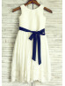 Ivory Cotton Eyelet Lace Flower Girl Dress with Navy Blue Sash 